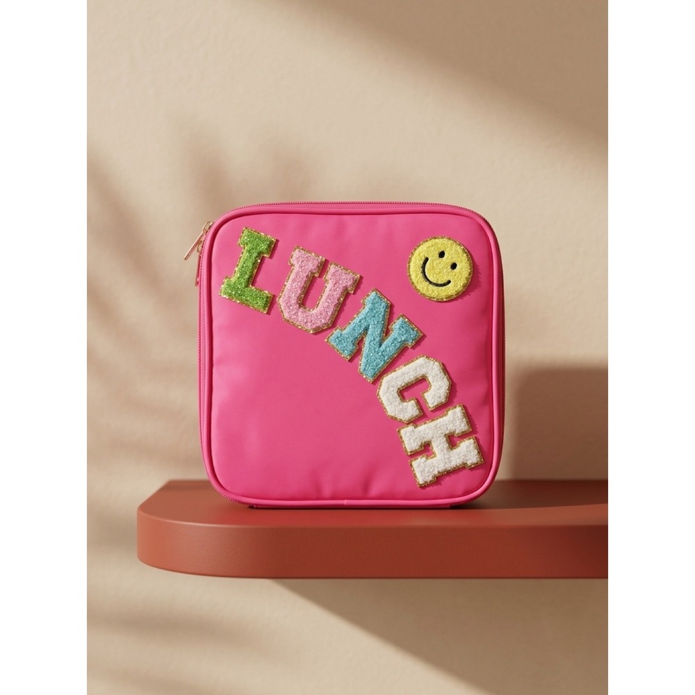 Pink Insulated Lunch Bag Chenille Varsity Letter Smiley Face Patch Preppy Tote